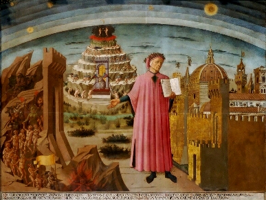 Великий итальянский поэт Данте держит в руку "Божественную Коммедию"-Dante_holding_the "Commedia Divina" book_in_his_hands