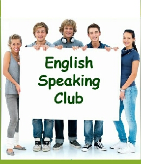 Студенты держат в руках плакат надписью english speaking club