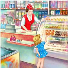 продовщица с девушкой в продуктовом магазине