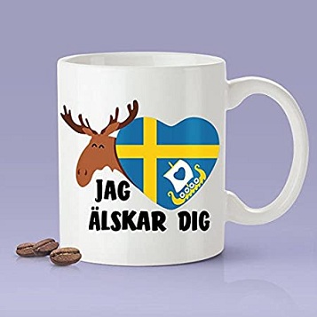 Jag Aelskar Dig A Cup With A Moose A Viking Boat And Coffee Beans