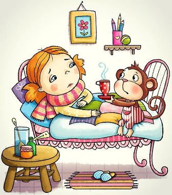 Little Girl Lying Sick In Bed With A Cute Monkey Giving Her A Hot Drink