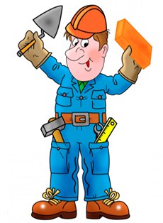 строитель в рабочей форме улыбается и держит в руках кирпич и мастерок