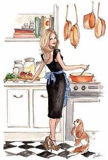 Housewife In The Kitchen With A Dog Cooking Food