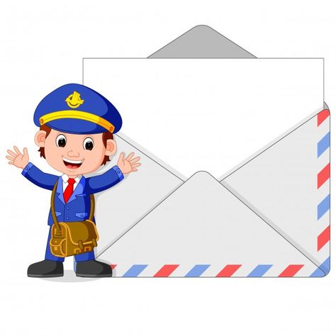 Young Postman Standing Next To An Enveloppe